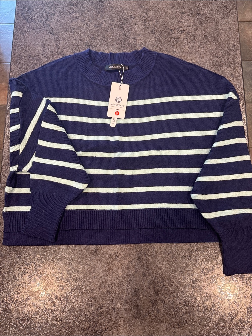 Navy and Teal Striped Women's Sweater